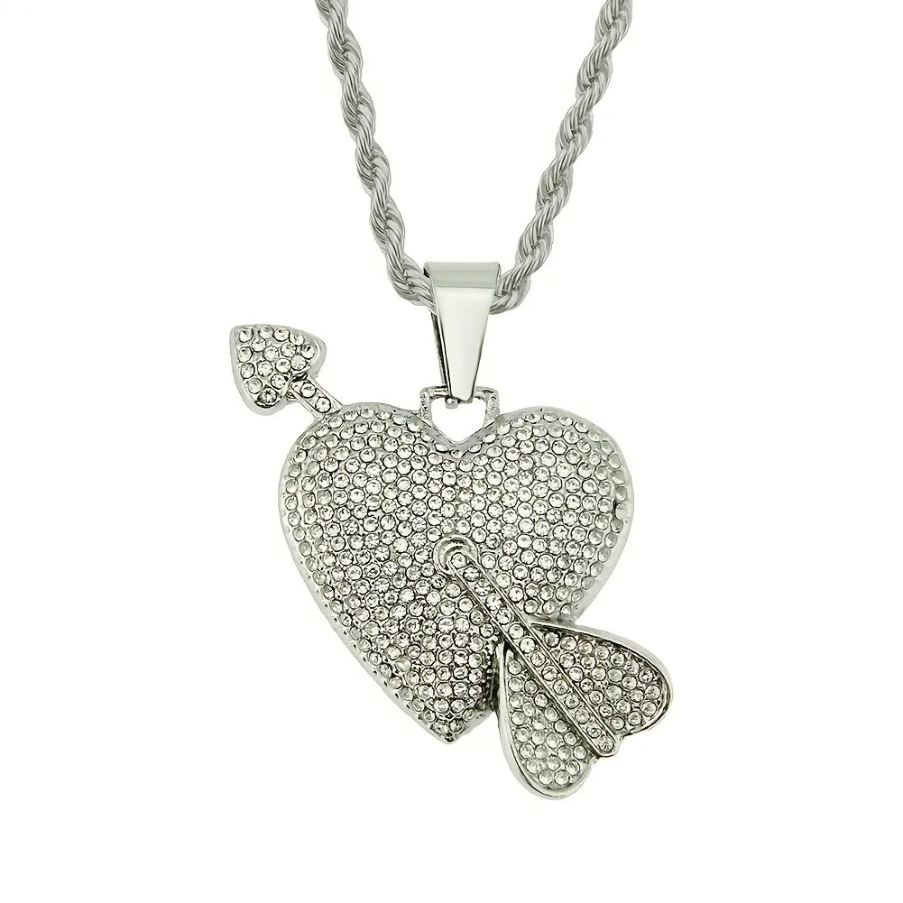 Hip Hop Diamond Heart Pendant Necklace Cupid's Arrow Men's Jewelry