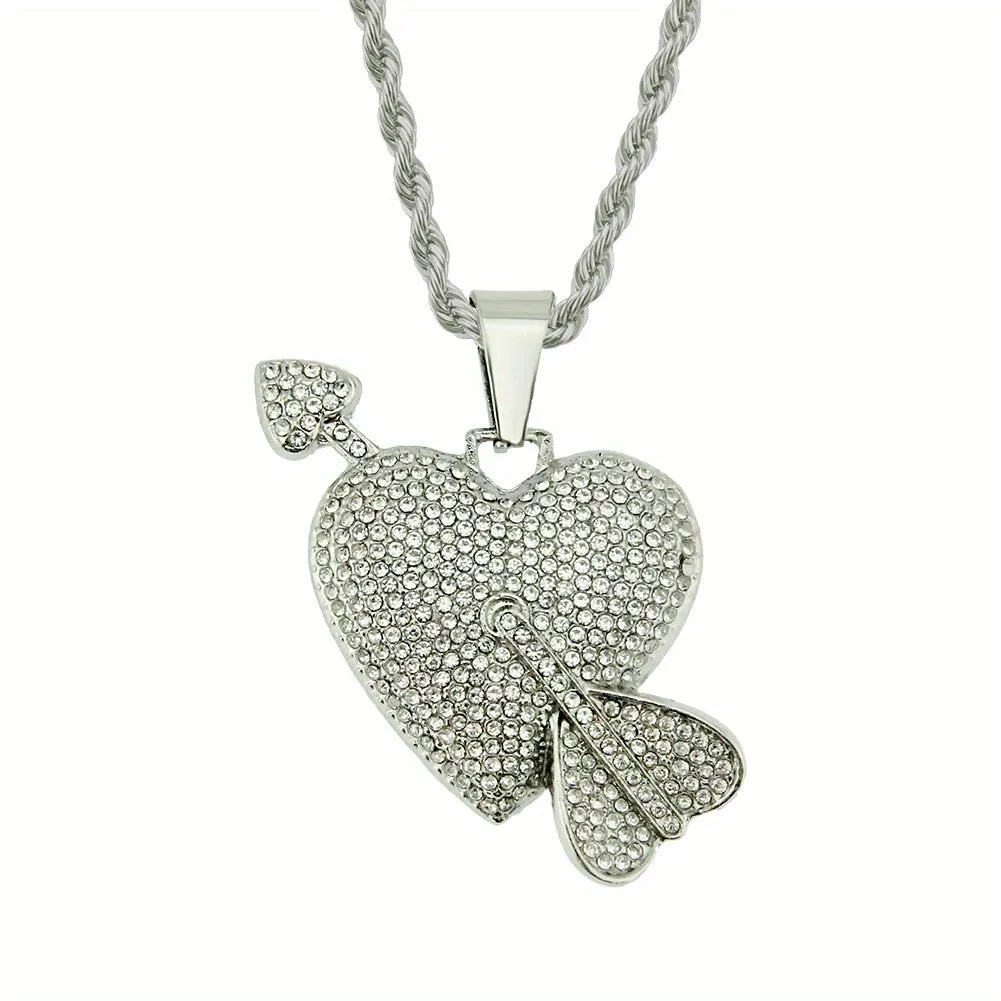 Hip Hop Diamond Heart Pendant Necklace Cupid's Arrow Men's Jewelry