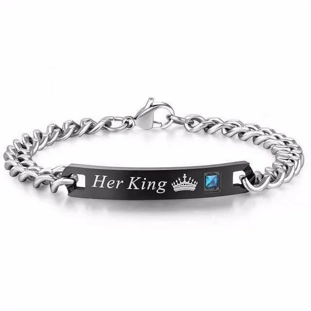 'His Crowned Queen and Her Crowned King' Stainless Couples Bracelet