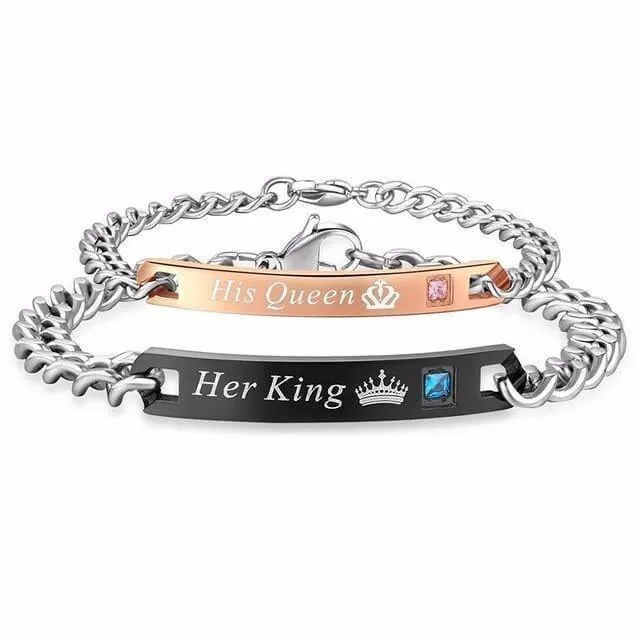 'His Crowned Queen and Her Crowned King' Stainless Couples Bracelet