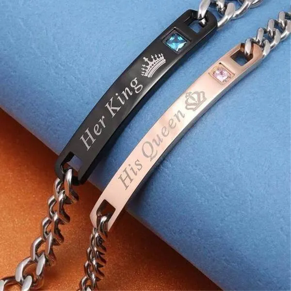 'His Crowned Queen and Her Crowned King' Stainless Couples Bracelet