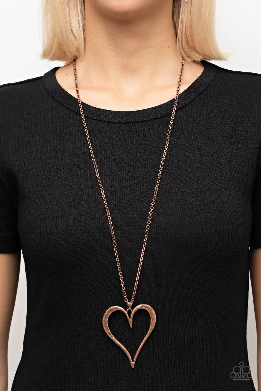 Hopelessly in Love - Copper - Oversized Hammered Heart Pendant Paparazzi Long Necklace