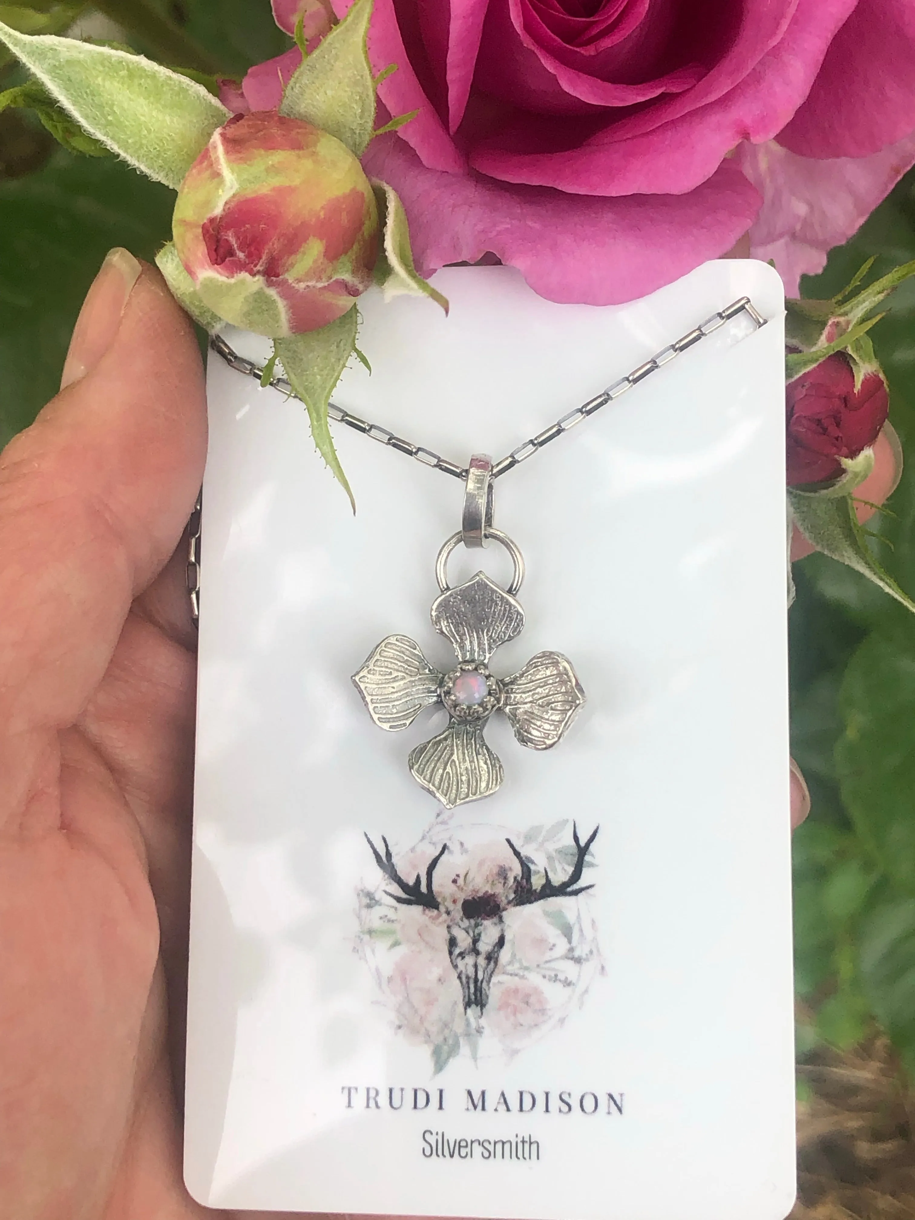 Hydrangea Blossom and Opal Hand Cast Necklace