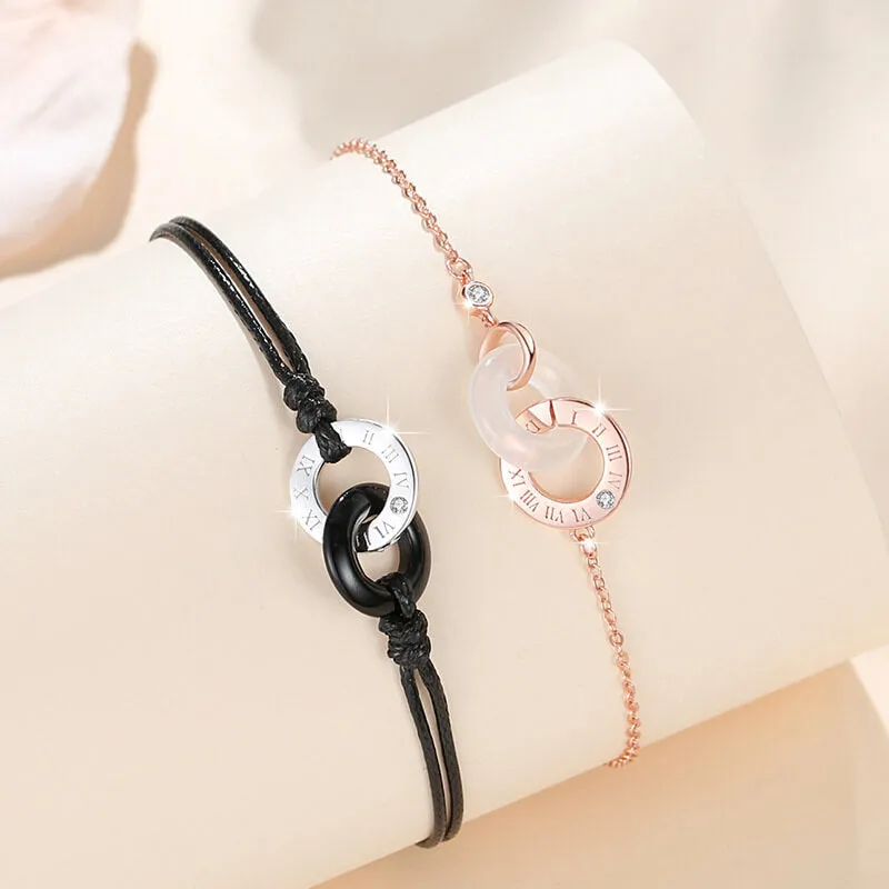 Interlocking Circle Obsidian Chalcedony Couple Bracelets
