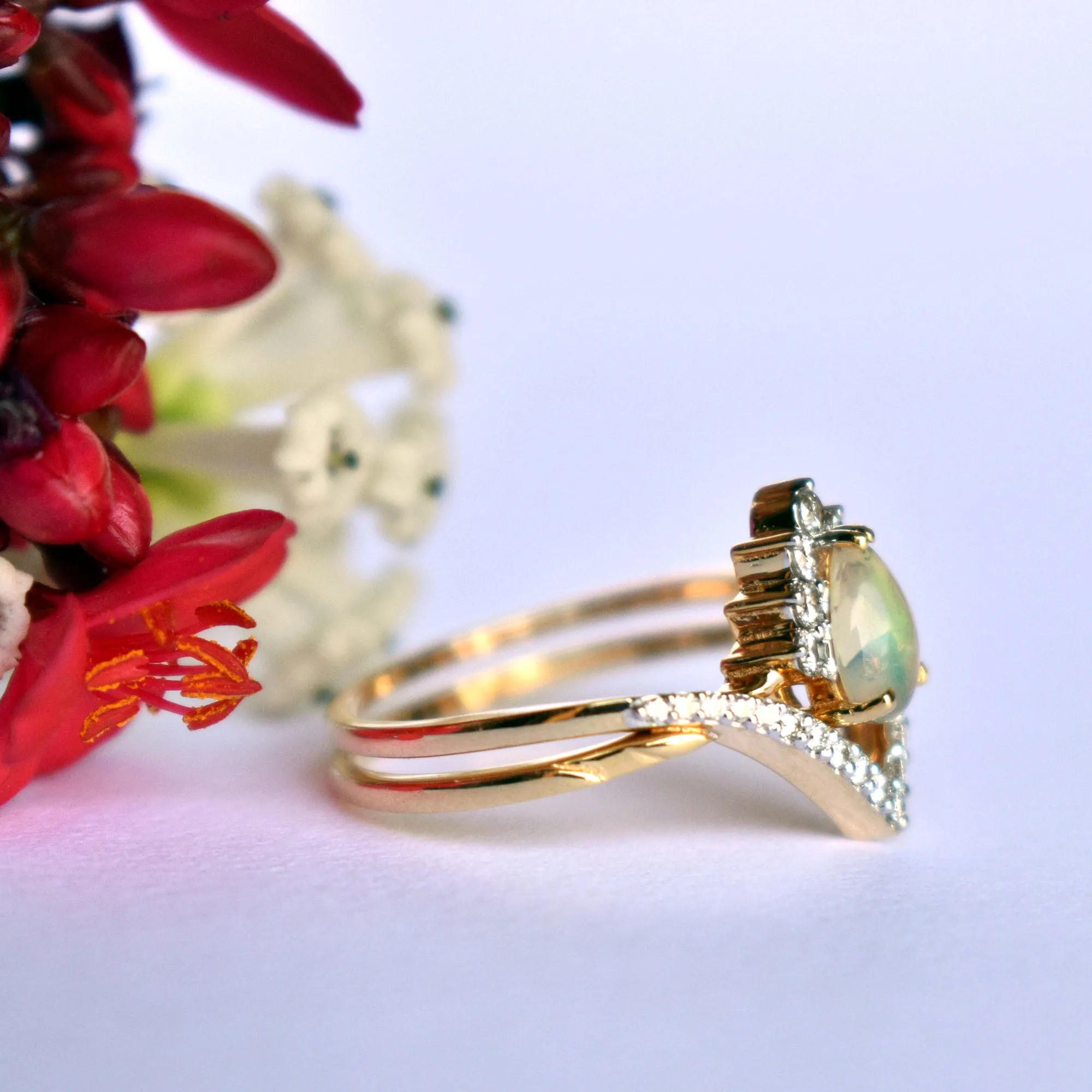 INTERLOCKING Pear Opal & Diamond Wedding Ring Set