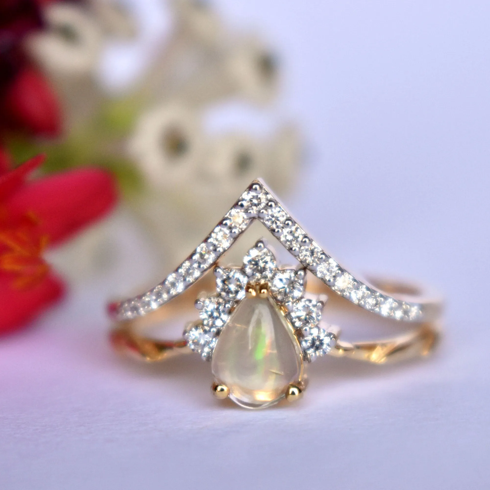 INTERLOCKING Pear Opal & Diamond Wedding Ring Set