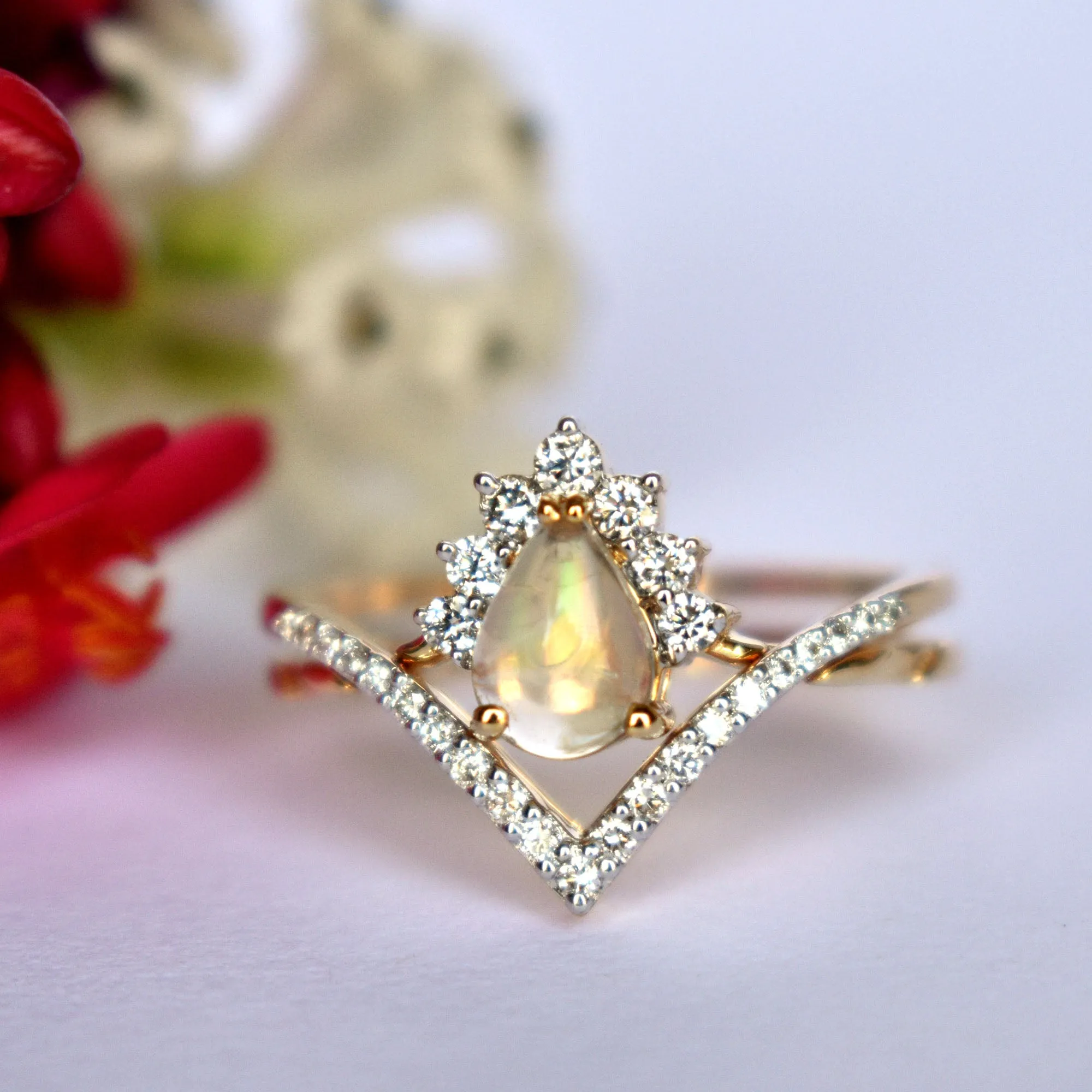 INTERLOCKING Pear Opal & Diamond Wedding Ring Set