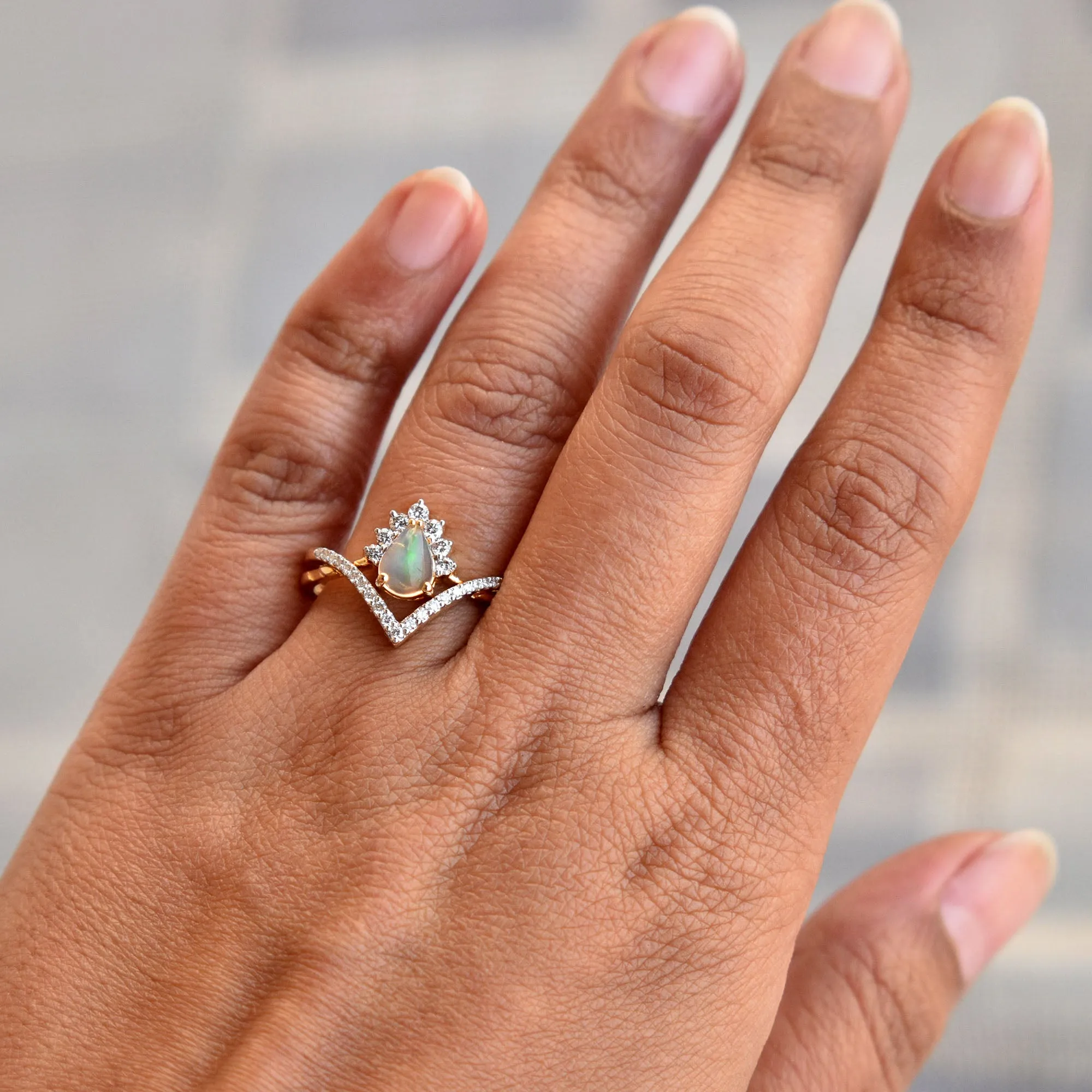 INTERLOCKING Pear Opal & Diamond Wedding Ring Set