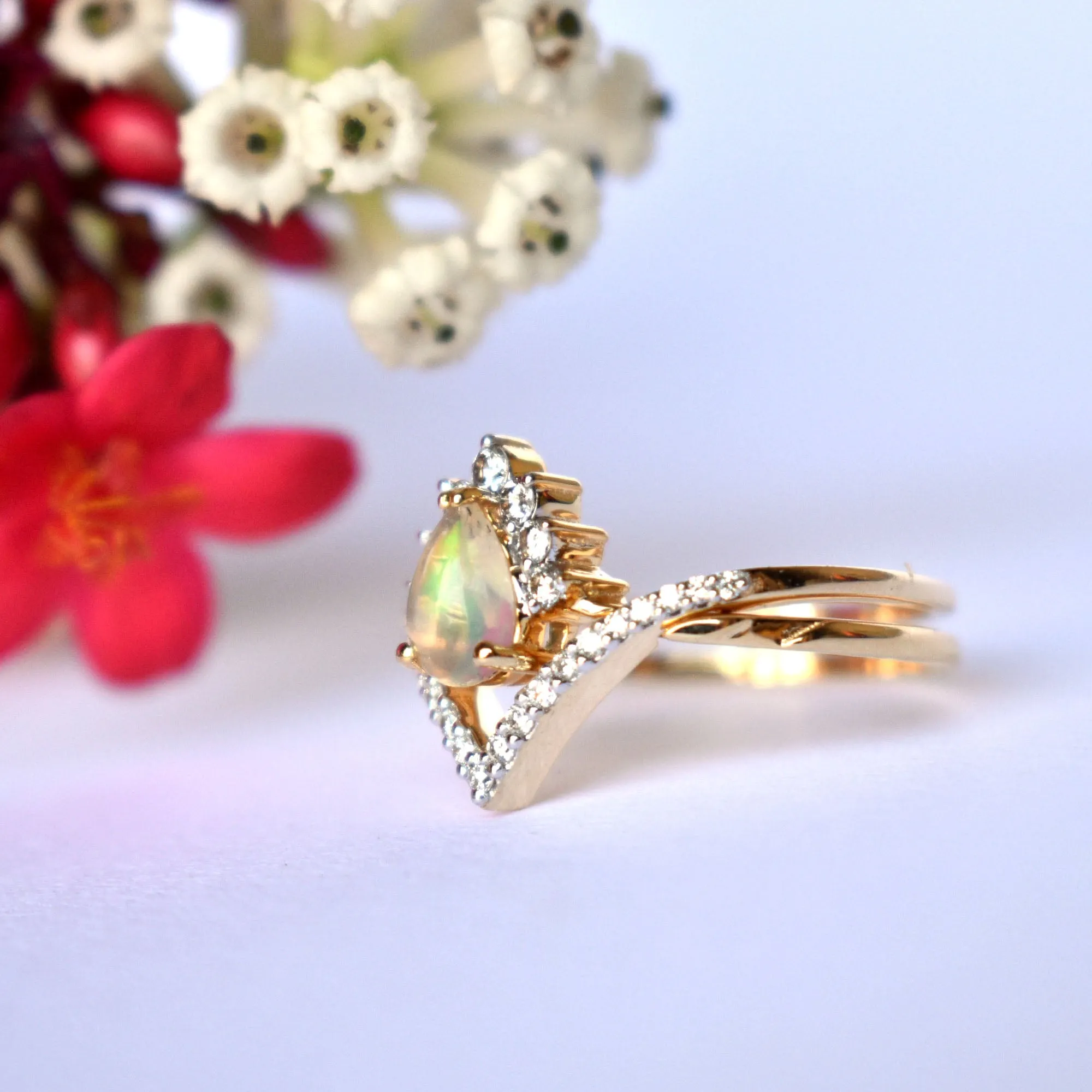 INTERLOCKING Pear Opal & Diamond Wedding Ring Set