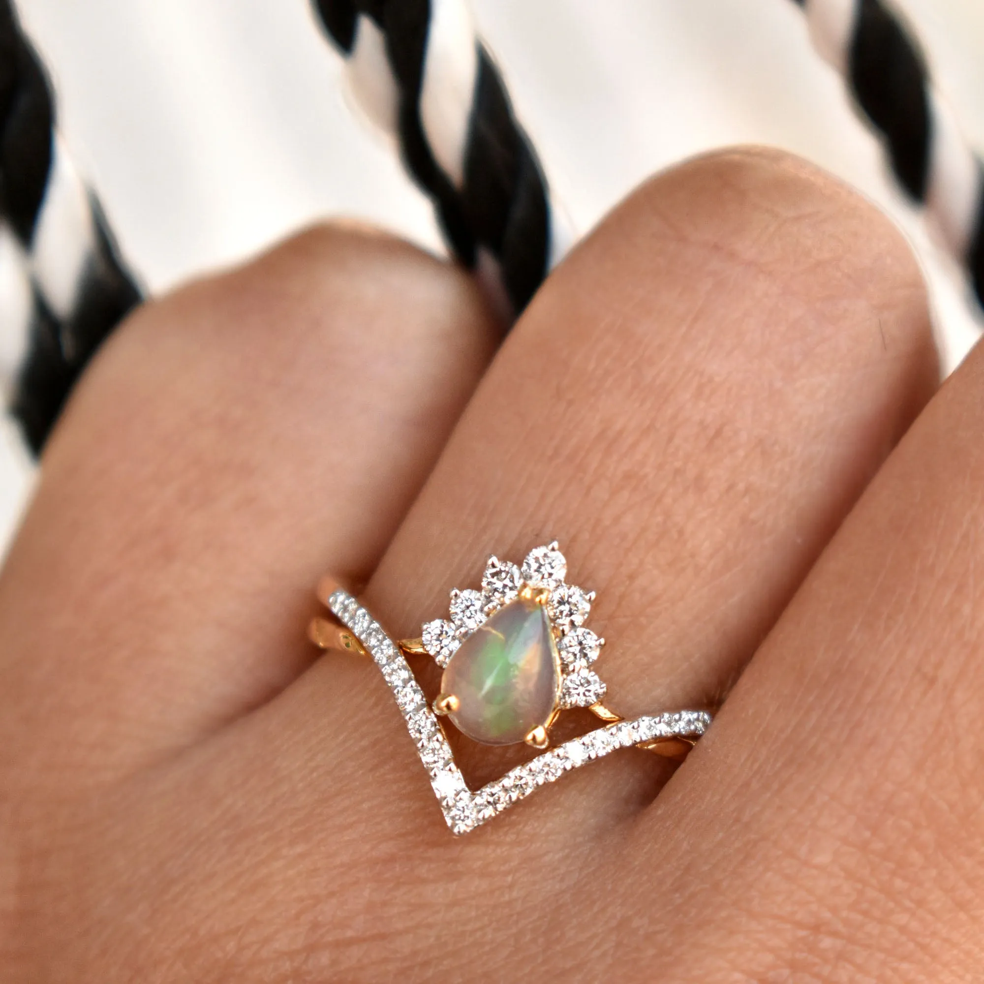 INTERLOCKING Pear Opal & Diamond Wedding Ring Set