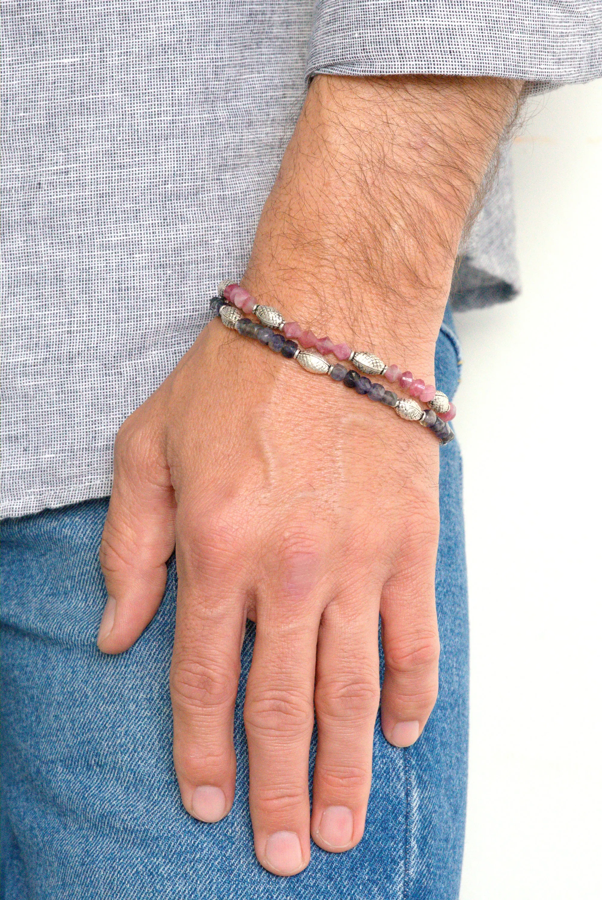 Iolite and pink tourmaline bracelet set