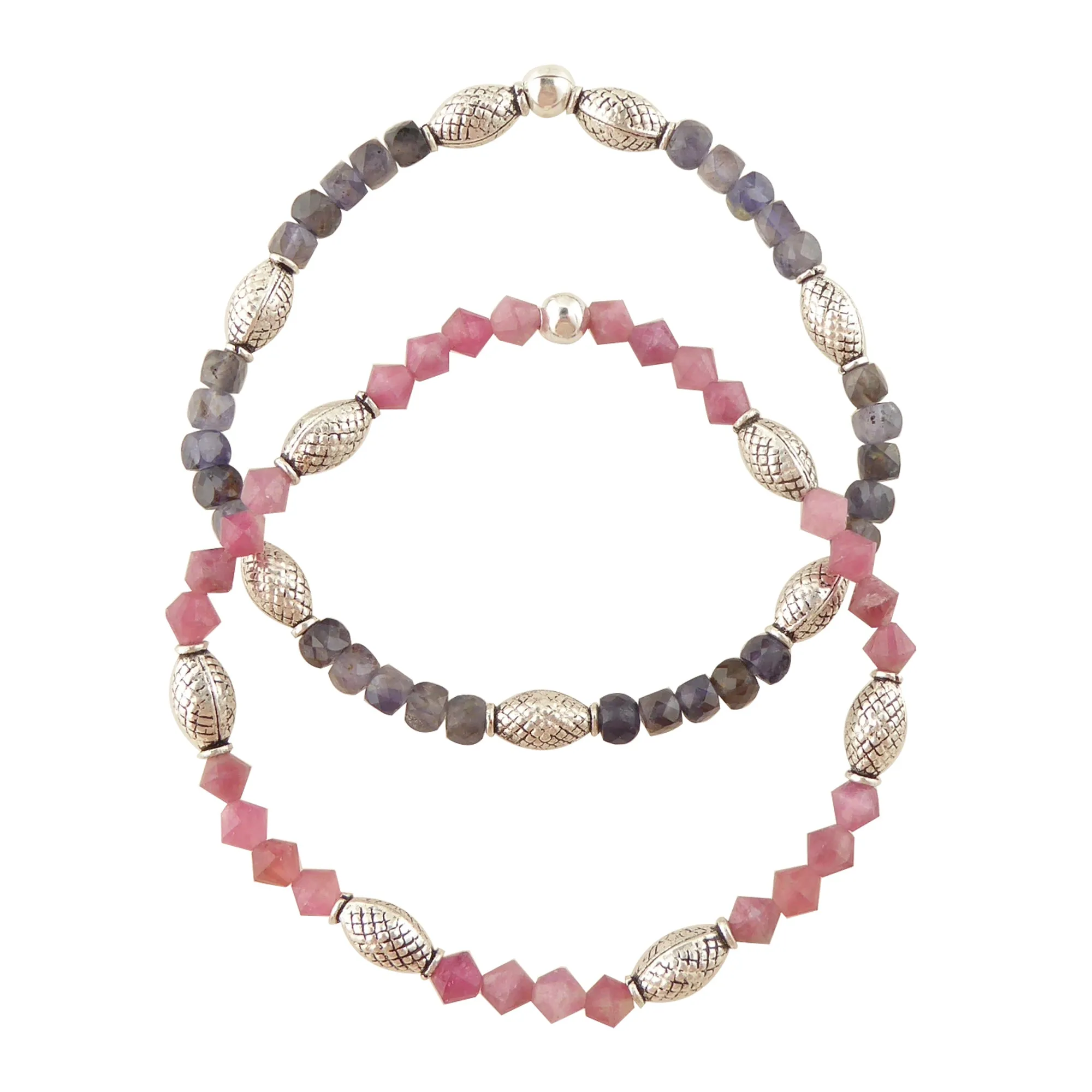 Iolite and pink tourmaline bracelet set