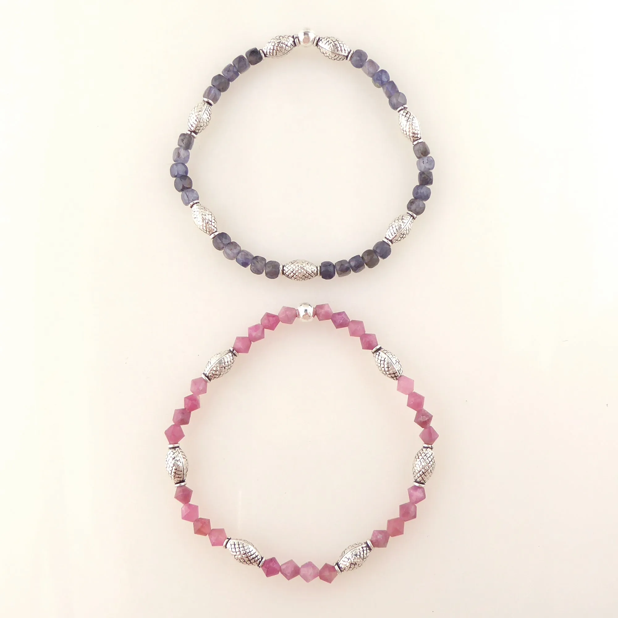 Iolite and pink tourmaline bracelet set