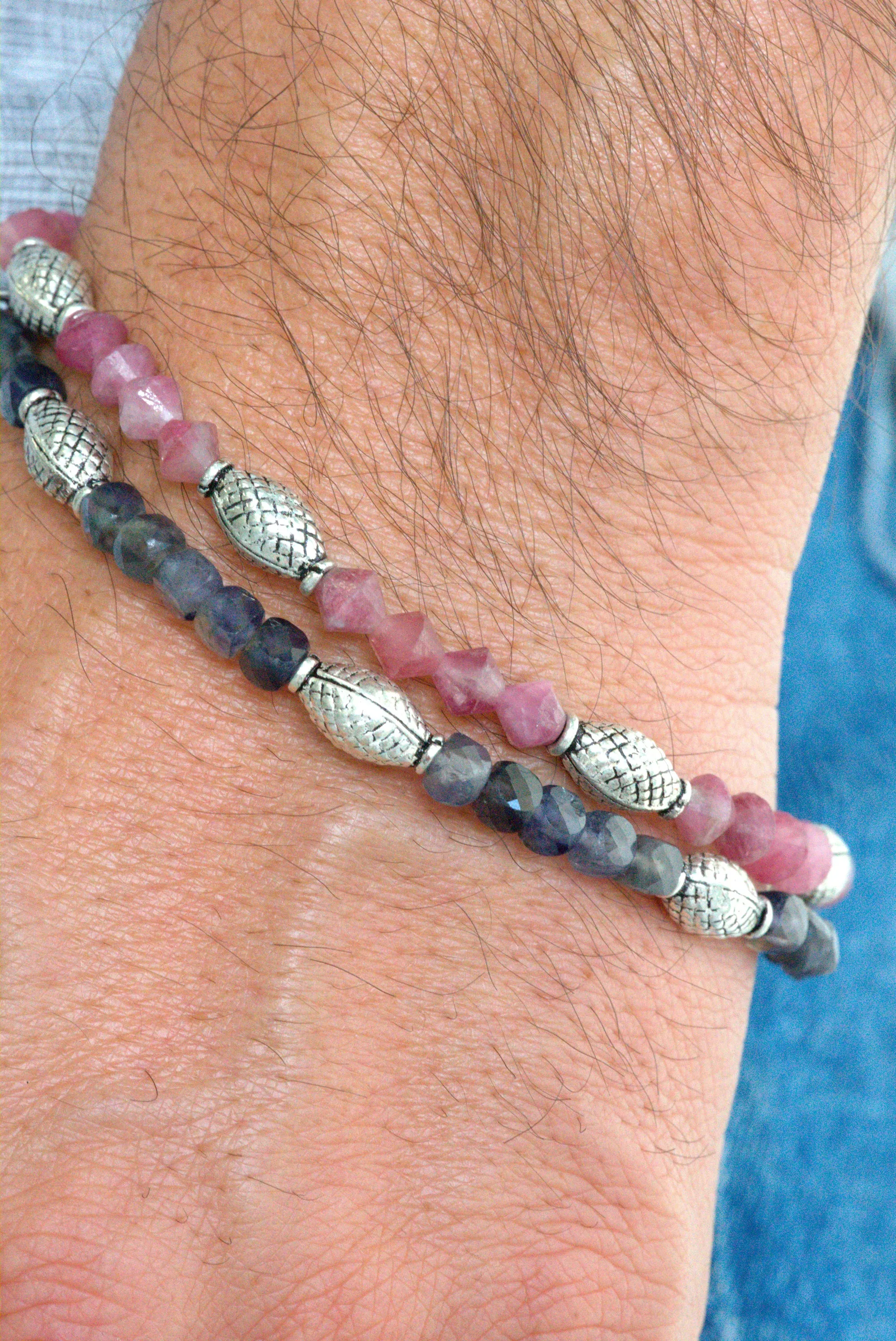 Iolite and pink tourmaline bracelet set