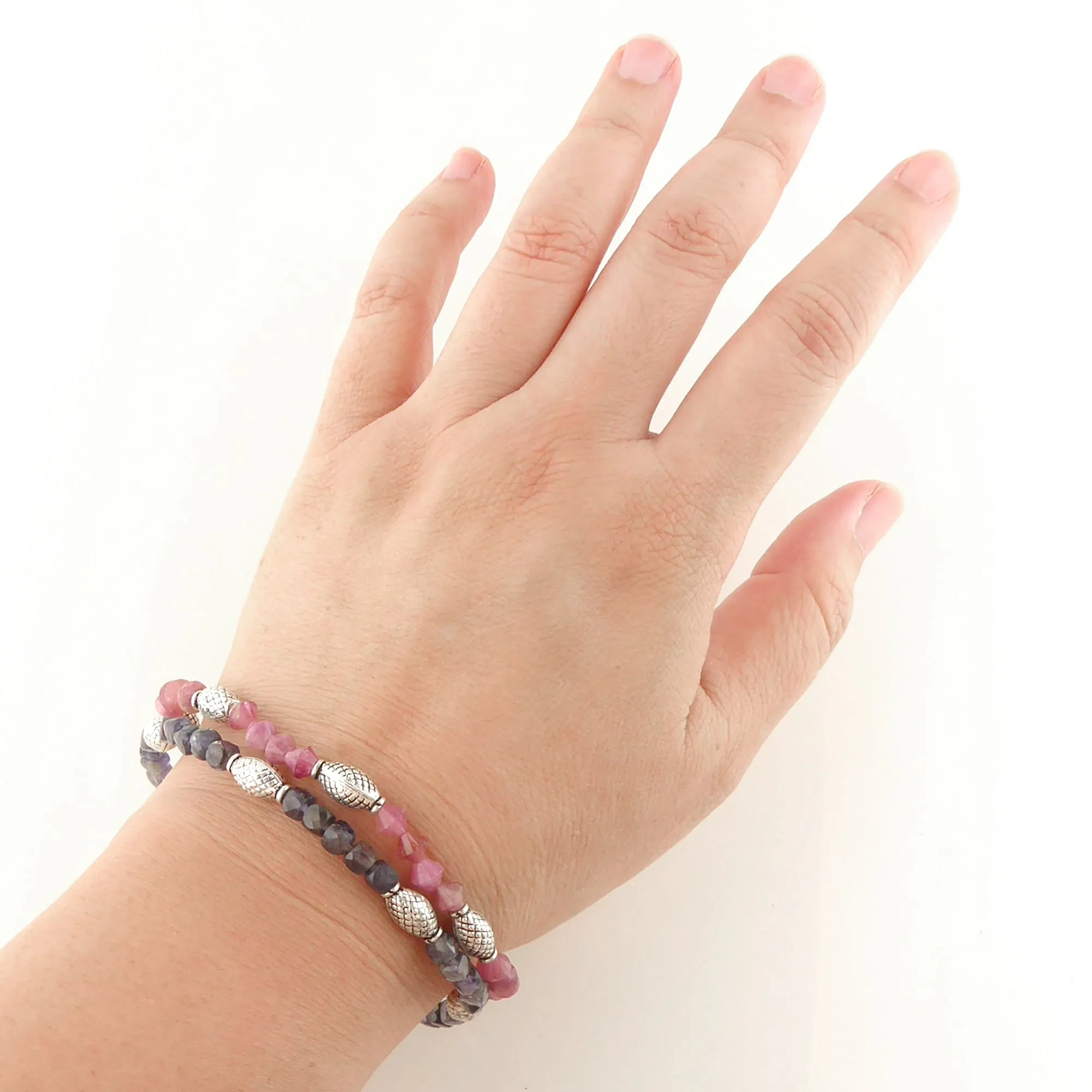 Iolite and pink tourmaline bracelet set