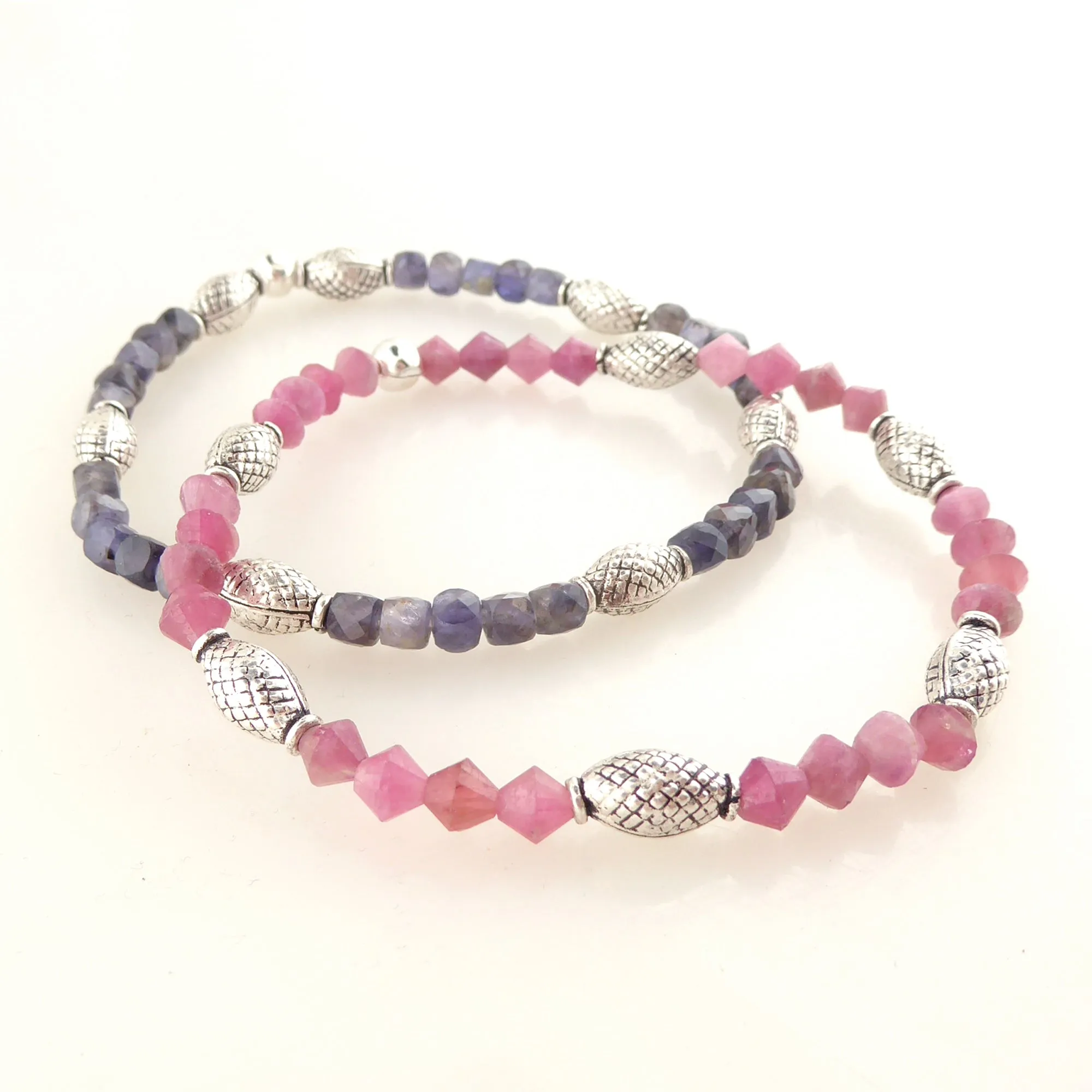Iolite and pink tourmaline bracelet set