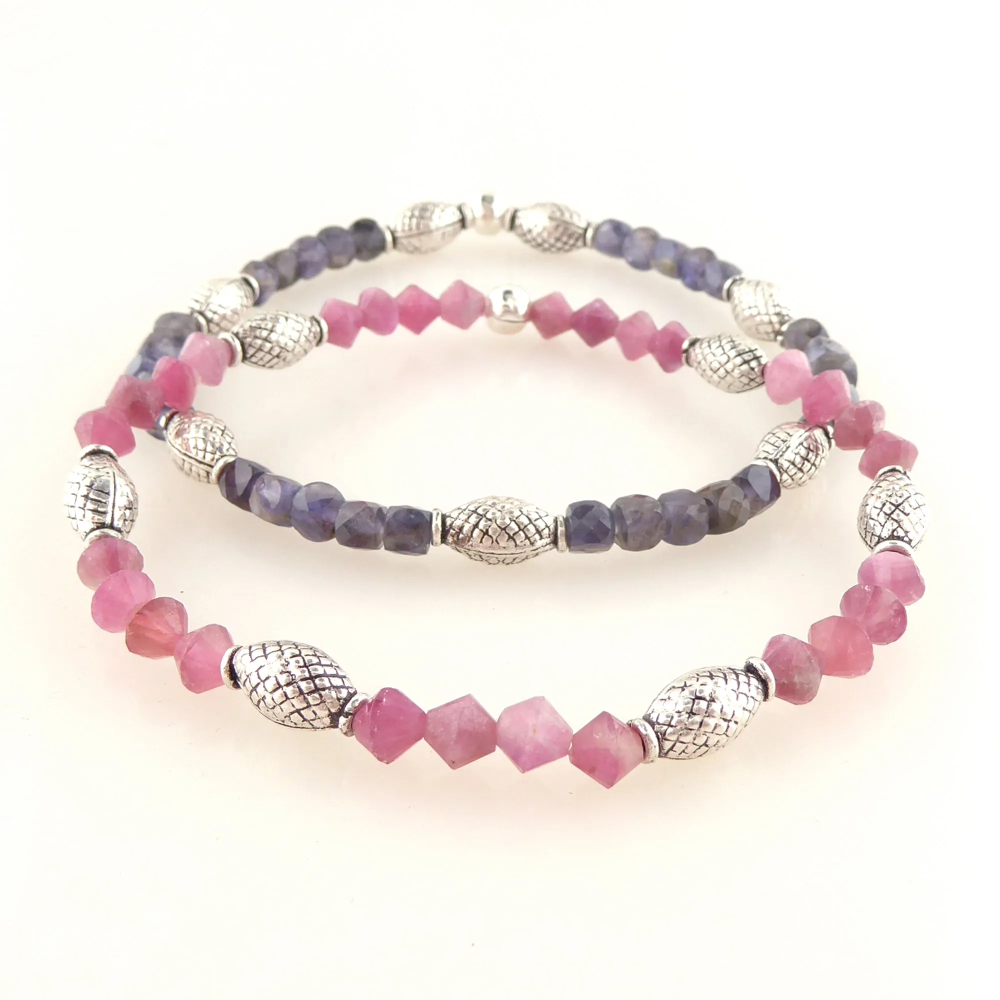 Iolite and pink tourmaline bracelet set