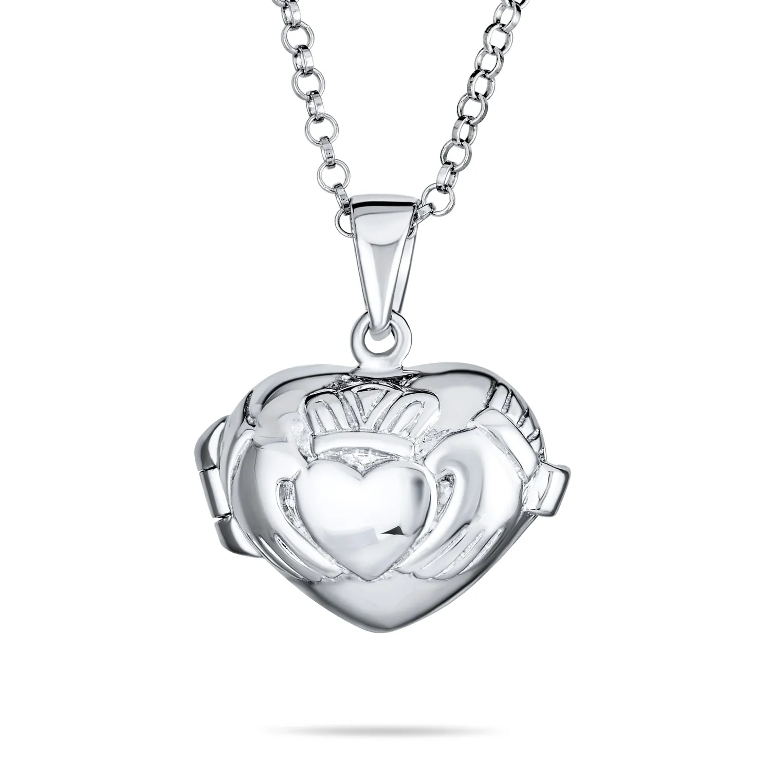 Irish Celtic Claddagh Puff Heart Locket Necklace Hold Photo Silver