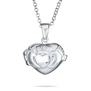 Irish Celtic Claddagh Puff Heart Locket Necklace Hold Photo Silver