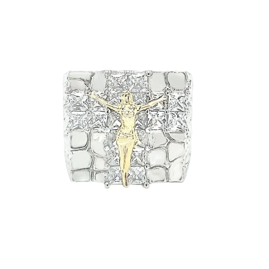 Jesus Radiant Crucifix Sterling Silver Ring with Cubic Zirconia Accents - C102019