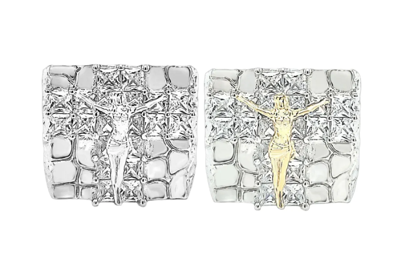 Jesus Radiant Crucifix Sterling Silver Ring with Cubic Zirconia Accents - C102019