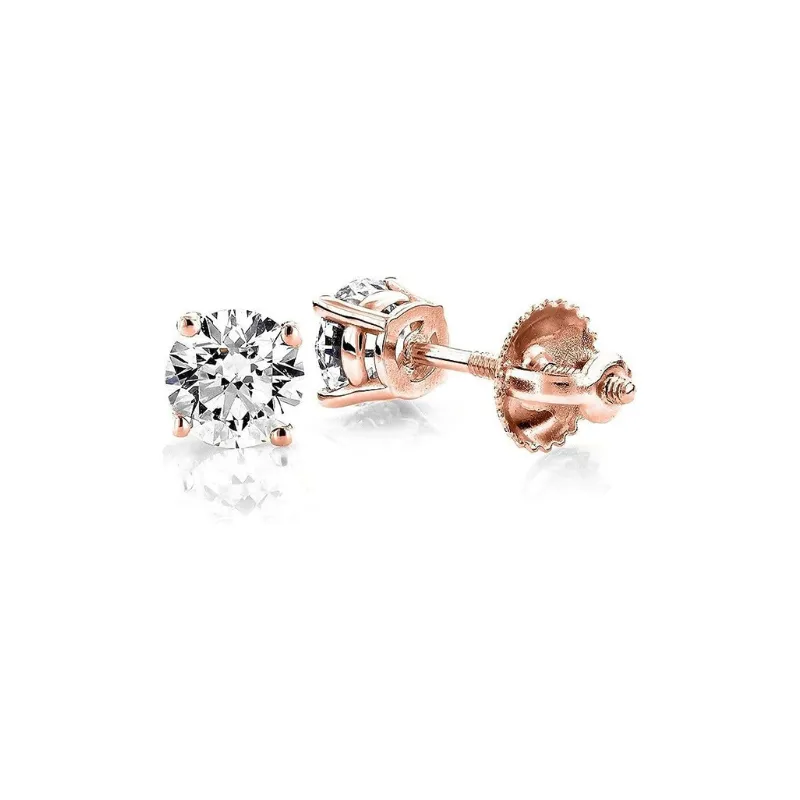 JewelMore 0.25 Carat - 6 Carat | 14K Yellow, Rose or White Gold | Solitaire Diamond Stud Earrings | Round Shape Screw Back Prong Setting | D-E-F Color, VS-VVS Clarity