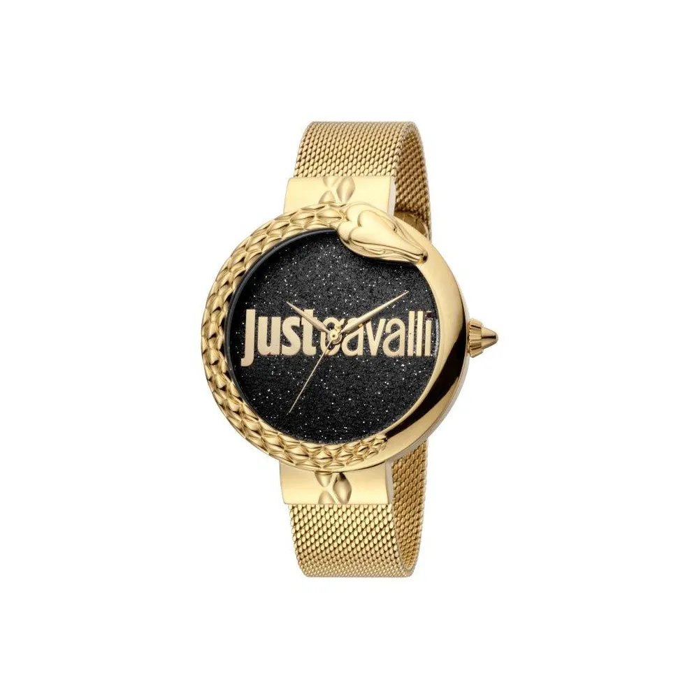 Just Cavalli Ladies Watch Ip Gold Case With Black Dial & Mesh Bracelet