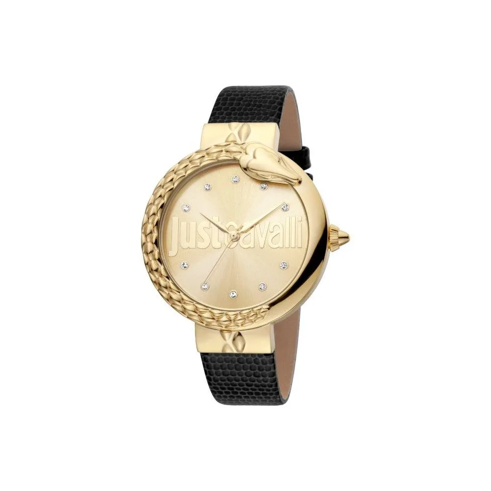 Just Cavalli Ladies Watch Ip Gold Case With Black Leather Strap