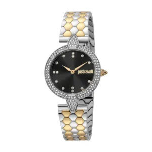 Just Cavalli Women Watch, Silver Color Case, Black Dial, Two Tone Silver & Gold Color Stainless Steel Metal Bracelet