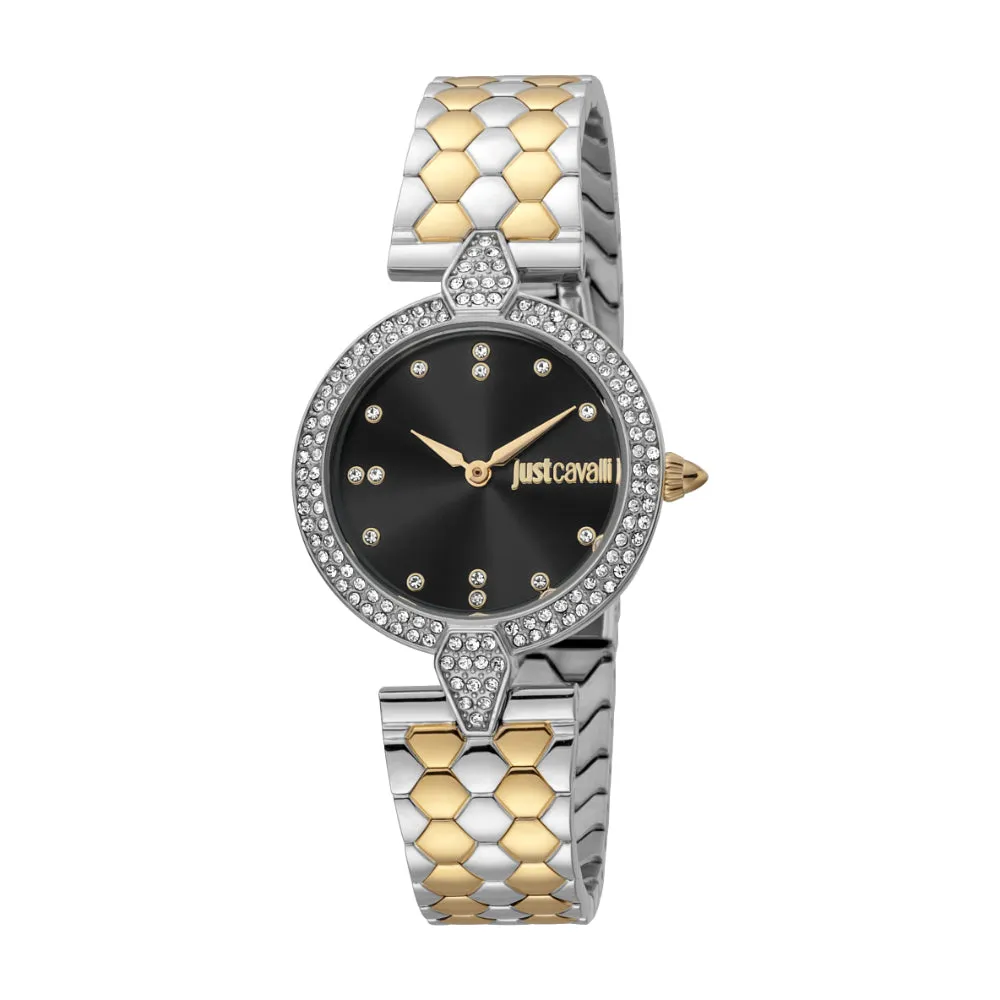 Just Cavalli Women Watch, Silver Color Case, Black Dial, Two Tone Silver & Gold Color Stainless Steel Metal Bracelet