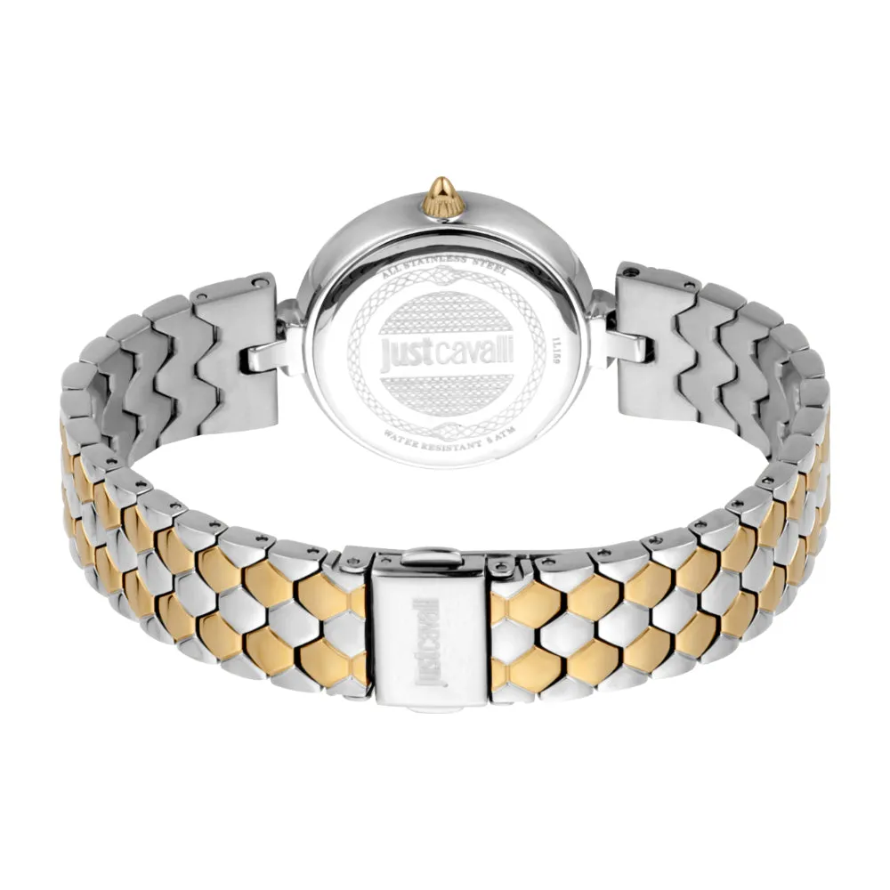 Just Cavalli Women Watch, Silver Color Case, Black Dial, Two Tone Silver & Gold Color Stainless Steel Metal Bracelet