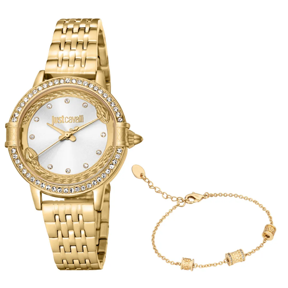 Just Cavalli Women's Gold Color Watch with Silver Dial and Gold Metal Bracelet