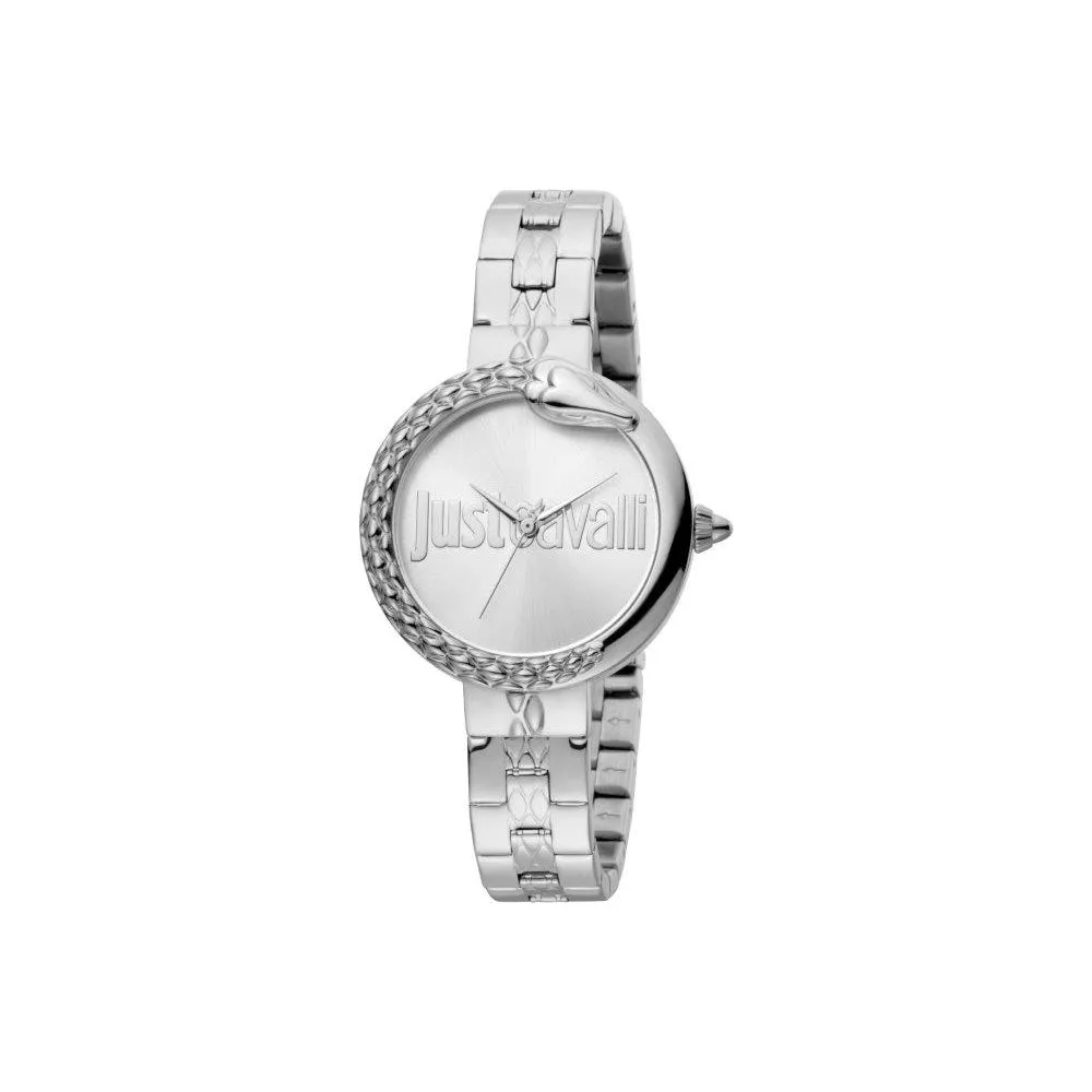 Just CavalliÂ Ladies Stainless Steel Watch Silver Color Case With Snake Design On The Bezel