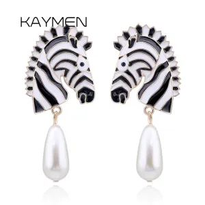 KAYMEN New Gold-Plated Zebra Stud Earrings with Waterdrop Pearls Earrings for Girls Women, Colorful Animal Statement Earrings