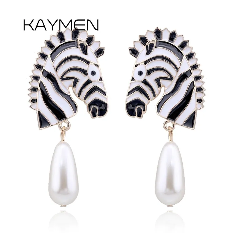 KAYMEN New Gold-Plated Zebra Stud Earrings with Waterdrop Pearls Earrings for Girls Women, Colorful Animal Statement Earrings