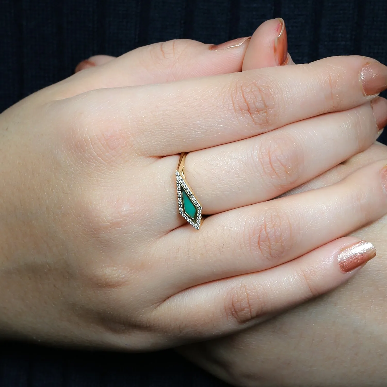 Kite Cut Chrysoprase Pave Diamond Geometric Dainty Ring In Yellow Gold
