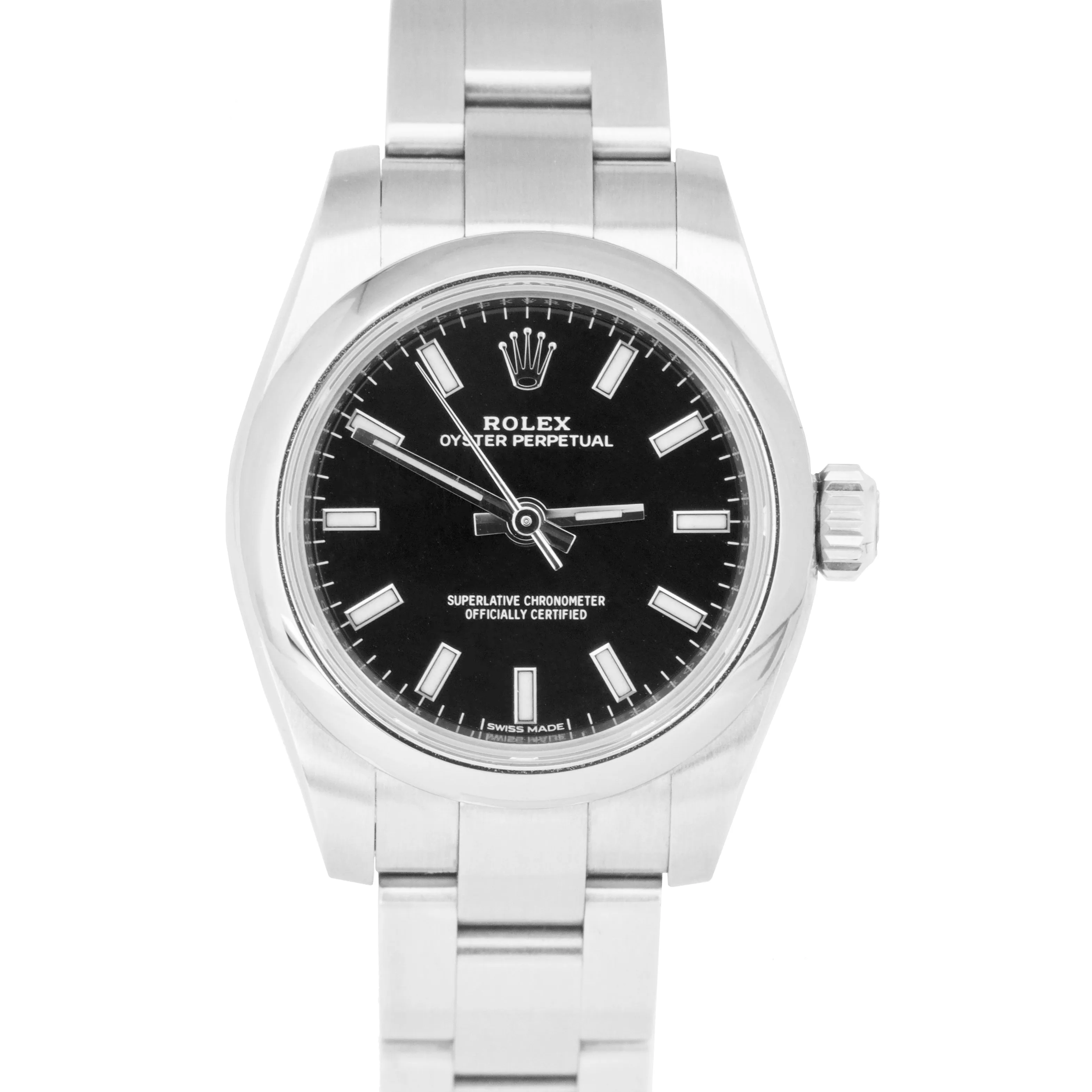 Ladies 2020 Rolex Oyster Perpetual 26mm Black Index Stainless Steel Watch 176200