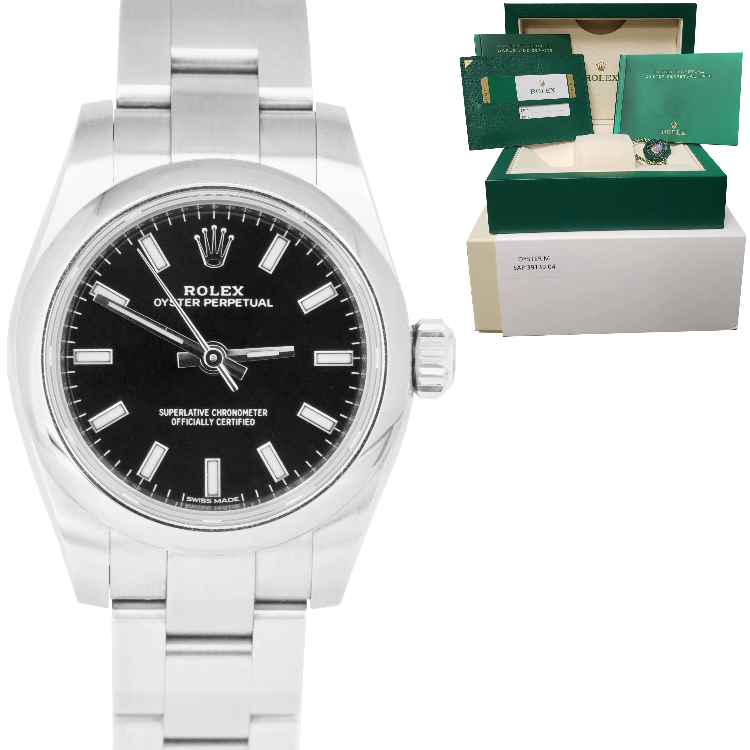 Ladies 2020 Rolex Oyster Perpetual 26mm Black Index Stainless Steel Watch 176200