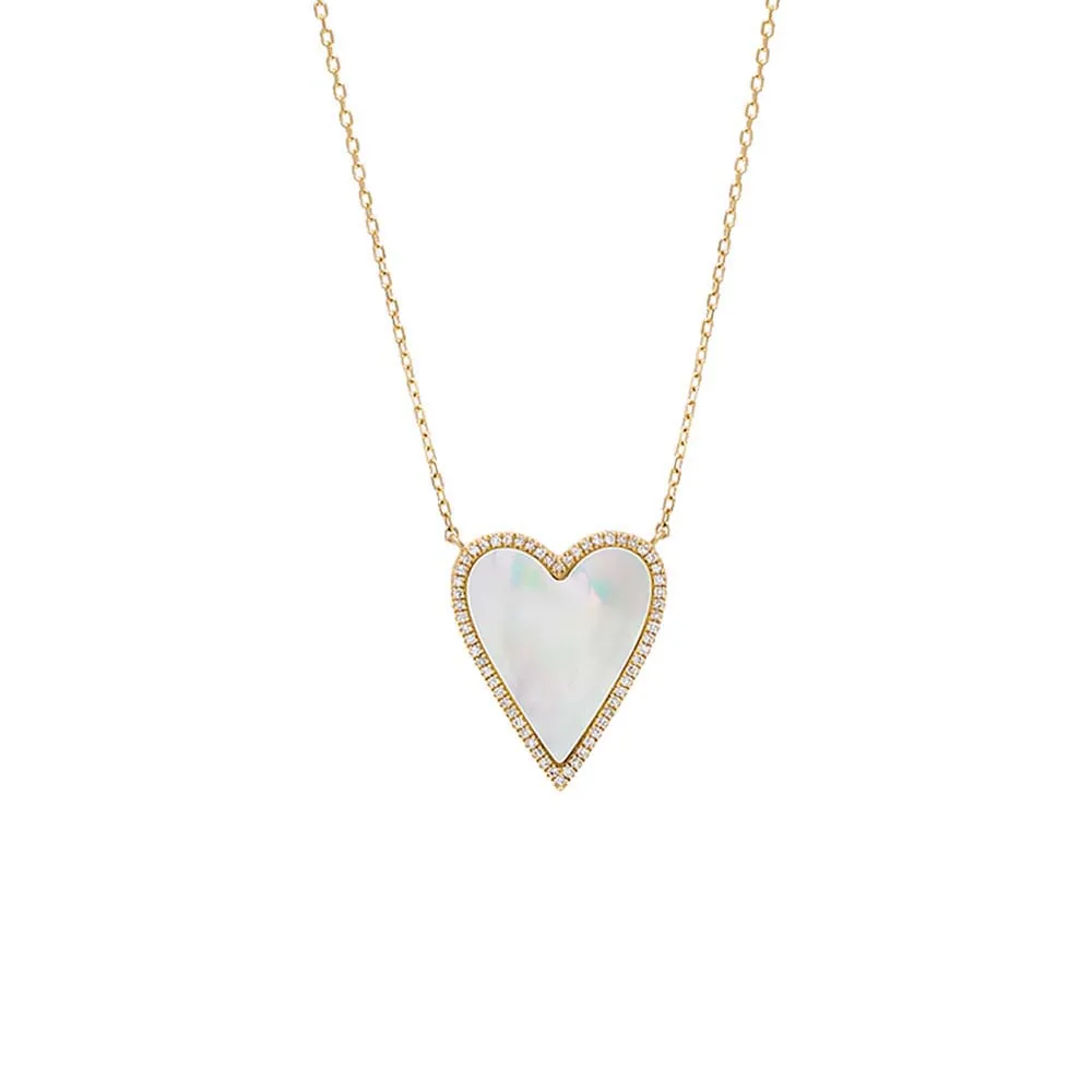 Large Diamond Pavé Outline Stone Heart Necklace 14K