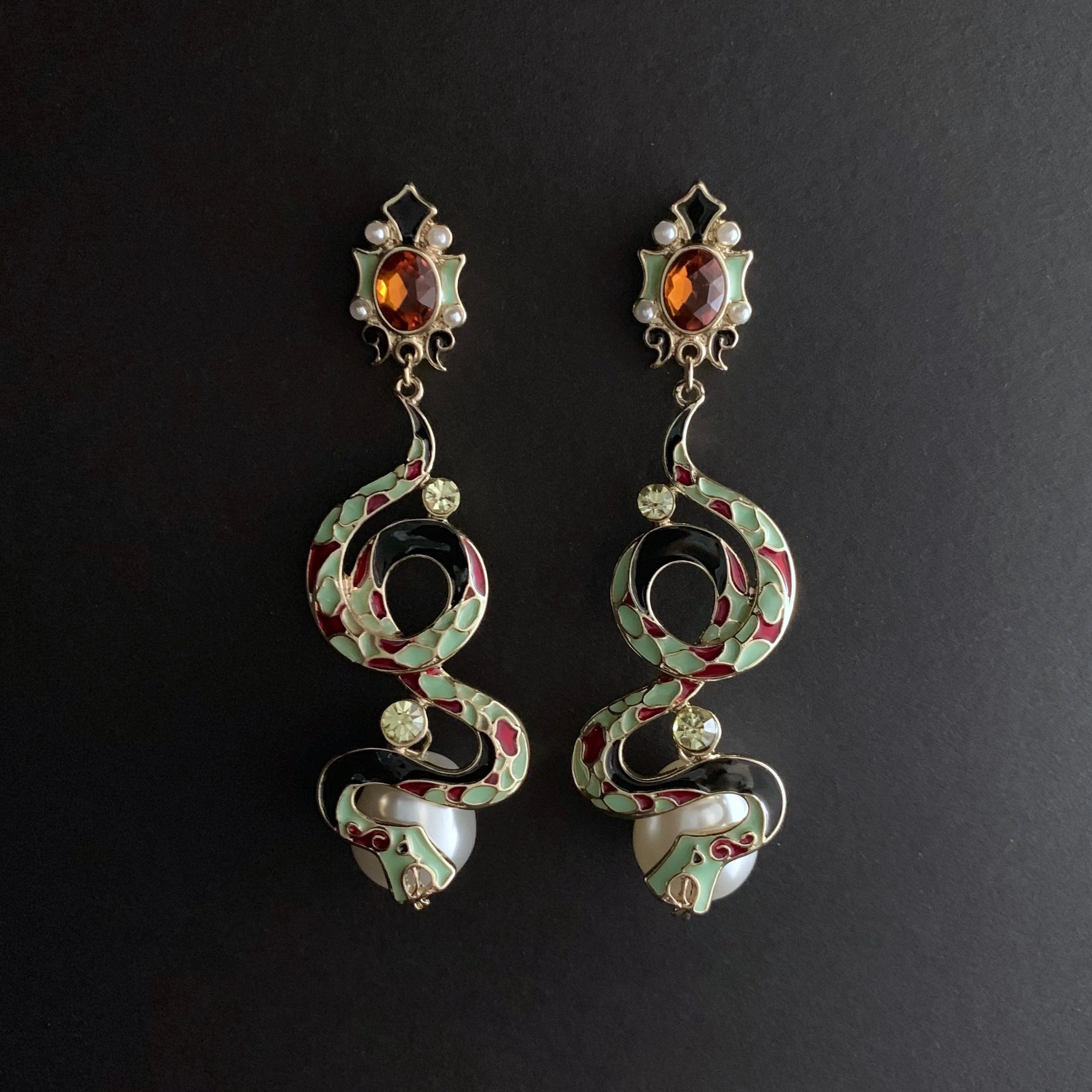 Large Snake Cloisonné Enamel & Pearl Statement Earrings