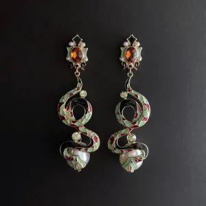 Large Snake Cloisonné Enamel & Pearl Statement Earrings