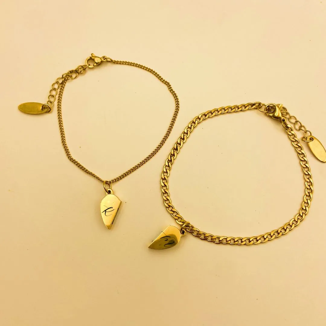 Lazer Engraved Couple Magnetic Heart Gold Filled Curb Bracelets