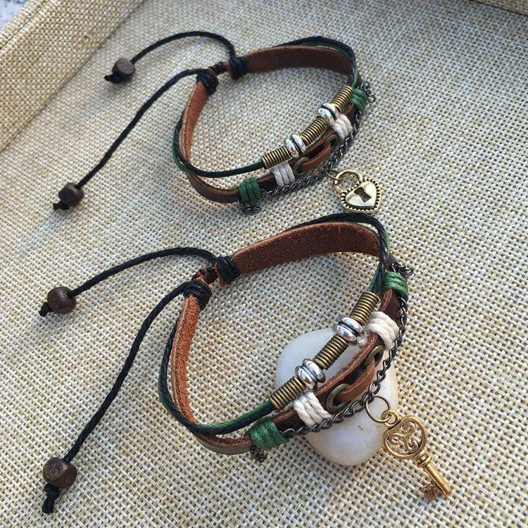 Lock And Key Leather Couple Bracelets [1 Lock & 1 Key Bracelet Set]