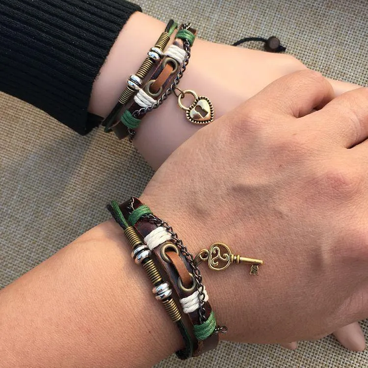 Lock And Key Leather Couple Bracelets [1 Lock & 1 Key Bracelet Set]