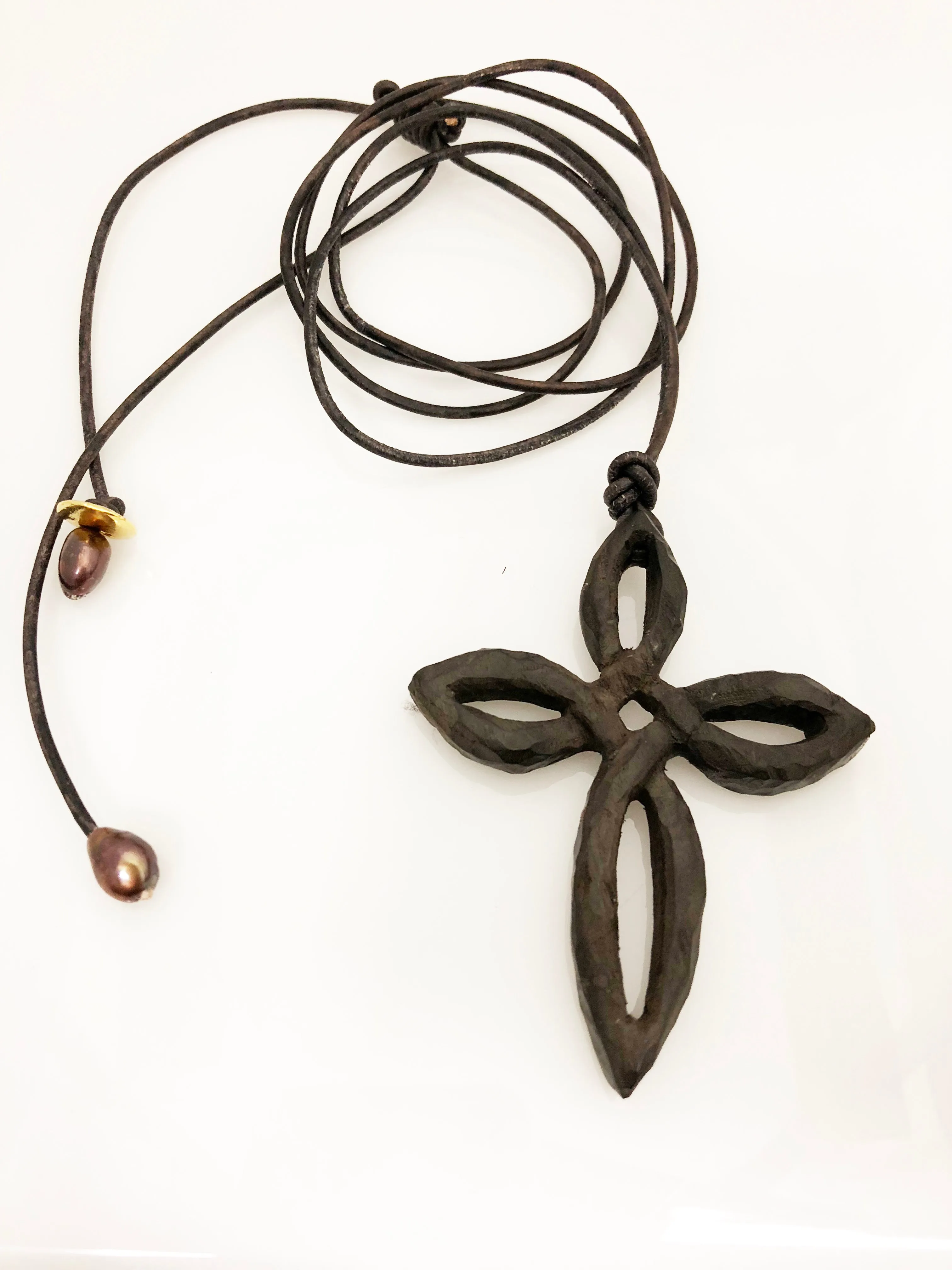 LoU Zeldis Black Wood Cross Pendant on Leather