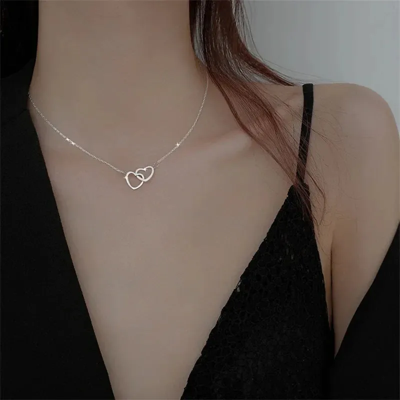 Love Heart Silver Necklace For Women Elegant Fashion Punk Party Pendant Chain Birthday Gift Sweet Accessories Charm Jewelry