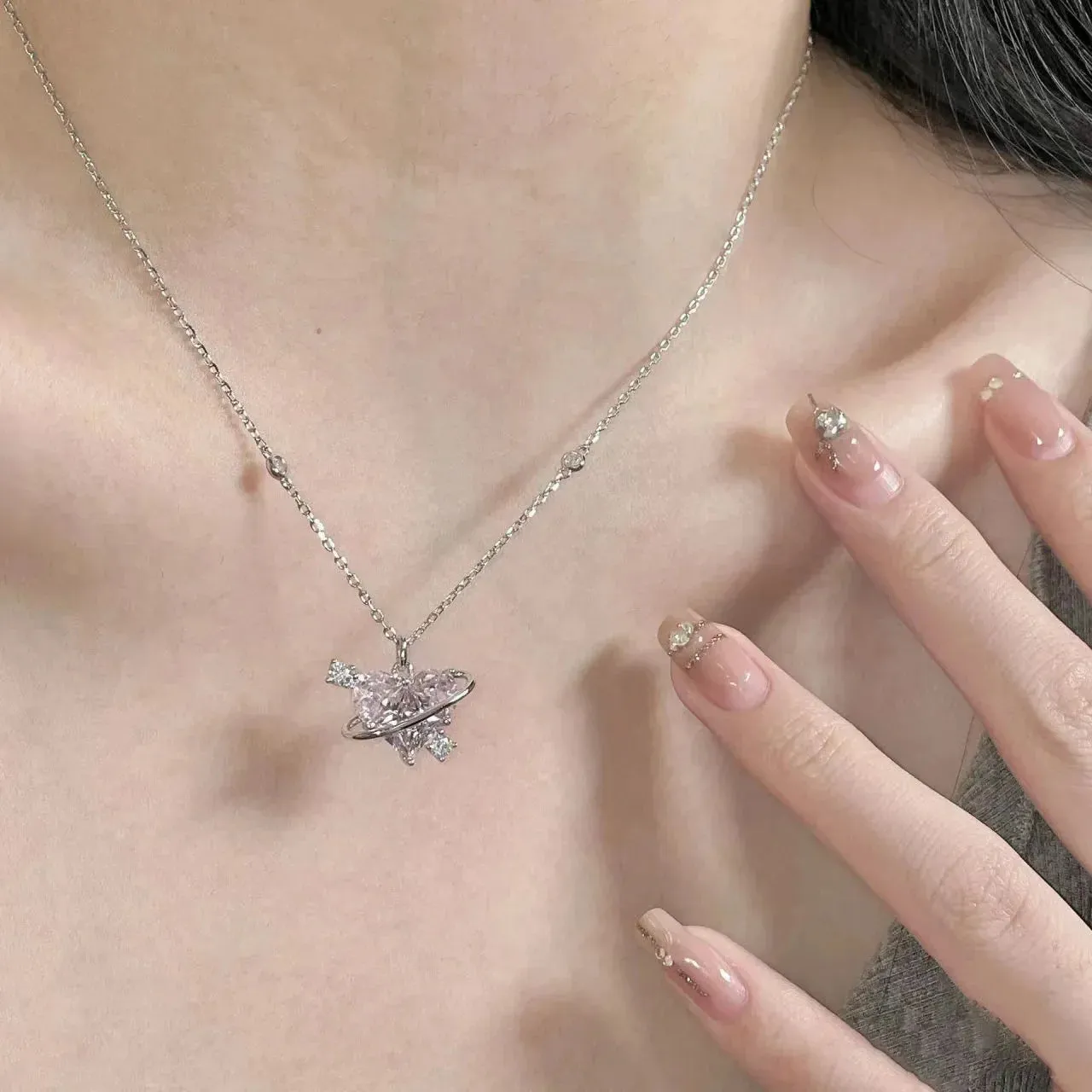 Love Heart Silver Necklace For Women Elegant Fashion Punk Party Pendant Chain Birthday Gift Sweet Accessories Charm Jewelry
