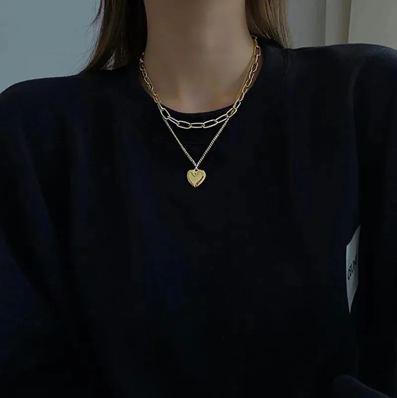 Love Heart Silver Necklace For Women Elegant Fashion Punk Party Pendant Chain Birthday Gift Sweet Accessories Charm Jewelry