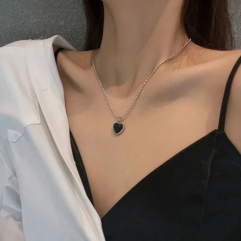 Love Heart Silver Necklace For Women Elegant Fashion Punk Party Pendant Chain Birthday Gift Sweet Accessories Charm Jewelry