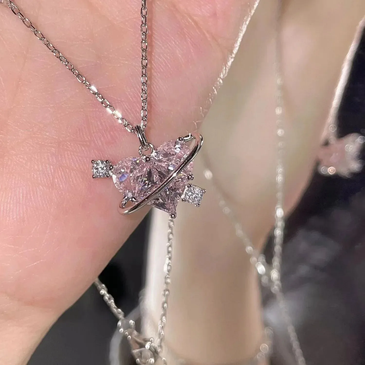 Love Heart Silver Necklace For Women Elegant Fashion Punk Party Pendant Chain Birthday Gift Sweet Accessories Charm Jewelry